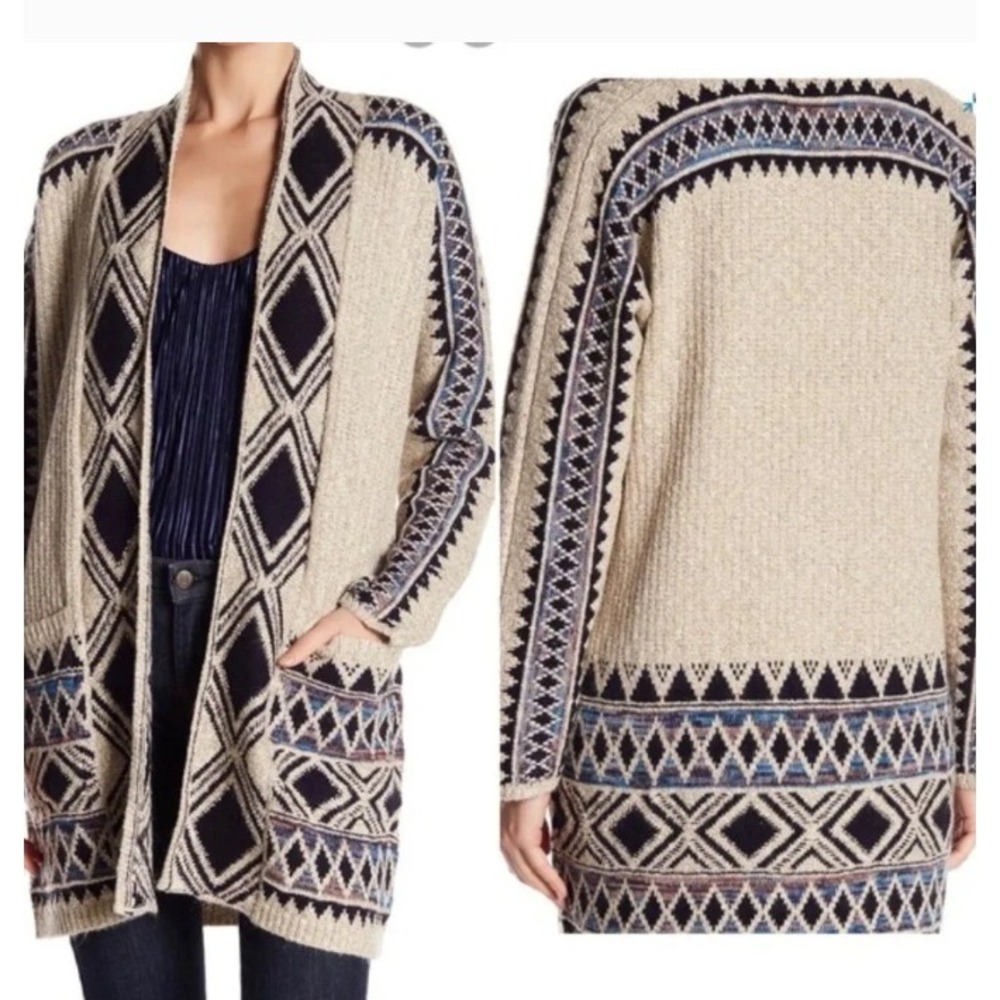 Lucky Brand Southwestern Boho Hooded Longline Cardigan Size XL Cozy Pockets Hood